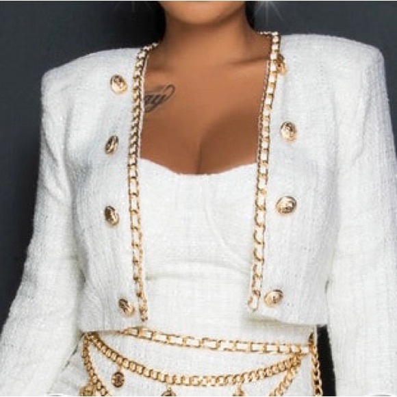 12. HIGH END - Genesis Tweed Fabric Romper Blazer Set in White - Picture 4 of 4